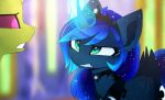  2018 blue_eyes blue_hair blurred_background cosmic_hair equine eyelashes feathered_wings feathers female feral friendship_is_magic hair horn magic magnaluna mammal my_little_pony princess_luna_(mlp) thorax_(mlp) winged_unicorn wings 