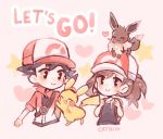  1girl animal animal_on_head artist_name ayumi_(pokemon) baseball_cap beriskara black_eyes black_hair brown_hair cropped_torso eevee english gen_1_pokemon hat heart kakeru_(pokemon) long_hair looking_at_another on_head pikachu pink_background pokemon pokemon_(creature) pokemon_(game) pokemon_lgpe pokemon_on_head short_sleeves simple_background smile star 