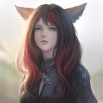  animal_ears black_hair blue_eyes blurry blurry_background cat_ears closed_mouth commentary commission day final_fantasy final_fantasy_xiv highres lips long_hair looking_at_viewer miqo'te multicolored_hair nguyen_uy_vu outdoors slit_pupils solo two-tone_hair upper_body 