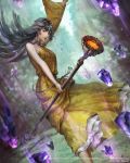  arm_up artist_name black_hair blurry blurry_background bracelet circle copyright_name day detached_sleeves dress feet_out_of_frame forest gem grey_eyes holding holding_staff houjyoh jewelry looking_at_viewer minea mobius_final_fantasy nature official_art outdoors single_sleeve staff watermark yellow_dress 