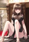  antenna_hair armlet bangs bare_legs black_dress blood blunt_bangs breasts brown_hair bust_(sculpture) choker commentary dress dsr-50_(girls_frontline) earrings eyebrows_visible_through_hair firing girls_frontline gun handgun high_heels highres holster indoors jewelry large_breasts long_hair looking_at_viewer narynn open_mouth pelvic_curtain pistol red_eyes ring sidelocks sitting solo sweat thigh_holster weapon 