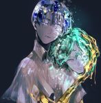  androgynous ao_rui bangs blue_eyes blue_hair blunt_bangs broken cracked dark_background disembodied_head glowing glowing_hair golden_arms green_eyes green_hair heterochromia highres houseki_no_kuni looking_at_viewer phosphophyllite phosphophyllite_(ll) short_hair solo spoilers upper_body white_eyes 