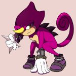  bandage chameleon clothing crouching espio_the_chameleon footwear gloves horn lizard long_tail looking_at_viewer male mostly_nude reptile retroyena scalie shoes sonic_(series) spikes throwing_star yellow_eyes 