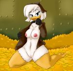  avian bird bottomless breasts clothed clothing coin della della_duck duck ducktales eyewear female goggles jacket looking_at_viewer money neronova nipples pose pussy smile solo thick_thighs vault 