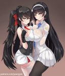  2girls bare_shoulders black_gloves black_hair breast_press breasts brown_background cleavage fingerless_gloves girls_frontline gloves gradient gradient_background hair_ribbon hairband large_breasts long_hair looking_at_viewer multiple_girls naughty_face necktie pantyhose qbz-95_(girls_frontline) qbz-97_(girls_frontline) raised_eyebrows red_ribbon ribbon skirt symmetrical_docking thighhighs twintails very_long_hair white_gloves white_legwear yellow_eyes zofe 