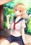  blonde_hair blue_skirt brown_hair bush collarbone commentary_request day food highres looking_at_viewer original piripun pleated_skirt popsicle school_uniform serafuku short_hair signature sitting skirt solo water 