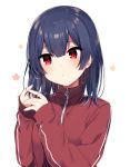  bangs blue_hair blush closed_eyes closed_mouth commentary hair_between_eyes hair_down hands_up highres idolmaster idolmaster_shiny_colors jacket mafuyu_(chibi21) medium_hair morino_rinze playing_with_own_hair red_eyes red_track_suit solo track_jacket tsurime upper_body zipper zipper_pull_tab 