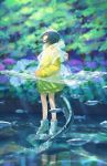  blue_hair blurry commentary day fish full_body hiko_(scape) looking_up mutant original partially_submerged partially_underwater_shot plant raincoat river see-through shoes sneakers stone tail 