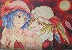  arm_holding bad_id bad_pixiv_id bangs bat_wings blonde_hair blue_hair cloud colored_pencil_(medium) cravat eyebrows_visible_through_hair fang fingernails flandre_scarlet full_moon hair_between_eyes hat hat_ribbon hug hug_from_behind looking_at_another looking_back mob_cap moon multiple_girls nail_polish night open_mouth outdoors pink_shirt puffy_short_sleeves puffy_sleeves red_eyes red_nails red_neckwear red_sky red_vest remilia_scarlet ribbon sharp_fingernails shirt short_hair short_sleeves siblings side_ponytail sisters sky touhou traditional_media tsurupon_(turuponzu) upper_body upper_teeth vest white_shirt wings wrist_grab 