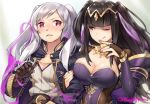  alternate_costume arm_hug aura black_hair blush breasts bridal_gauntlets cleavage coat commentary dress drooling female_my_unit_(fire_emblem:_kakusei) fire_emblem fire_emblem:_kakusei fire_emblem_heroes gebyy-terar gimurei gloves glowing glowing_eyes licking_lips looking_at_another multiple_girls my_unit_(fire_emblem:_kakusei) one_eye_closed purple_dress purple_eyes saliva silver_hair simple_background sweat tharja tiara tongue tongue_out trembling twintails yuri 