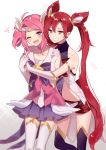  ;d armlet blush gloves hair_ornament hug jinx_(league_of_legends) league_of_legends long_hair luxanna_crownguard magical_girl manio multiple_girls navel one_eye_closed open_mouth pink_hair purple_hair red_eyes red_hair shorts simple_background skirt sleeveless smile star_guardian_jinx star_guardian_lux thighhighs twintails very_long_hair white_background yuri 