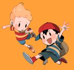 :d backpack bag baseball_cap black_eyes black_hair blonde_hair blush_stickers clenched_hand full_body hat highres kendy_(revolocities) lucas male_focus mother_(game) mother_2 mother_3 multiple_boys ness open_mouth orange_background quiff red_legwear shirt shorts simple_background smile socks striped striped_shirt v-shaped_eyebrows white_legwear 