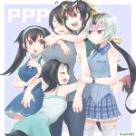  alternate_costume black_hair blank_eyes blonde_hair blush breasts casual closed_eyes collared_vest commentary dress emperor_penguin_(kemono_friends) everyone eyebrows_visible_through_hair frilled_skirt frills gentoo_penguin_(kemono_friends) group_hug hair_over_one_eye hair_tie hanging_on_arm headphones hug hug_from_behind humboldt_penguin_(kemono_friends) kemono_friends kurosawa_(kurosawakyo) large_breasts long_hair multicolored_hair multiple_girls nose_blush pants penguin_tail penguins_performance_project_(kemono_friends) pink_hair plaid plaid_skirt pleated_skirt red_hair rockhopper_penguin_(kemono_friends) royal_penguin_(kemono_friends) short_hair short_sleeves skirt tail tank_top thighhighs twintails watch white_hair zettai_ryouiki 