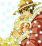  1boy 1girl black_eyes black_hair blush couple duo female hat lunami male monkey_d_luffy nami_(one_piece) one_piece orange_hair pirate short_hair smile straw_hat_pirates tattoo 