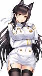  animal_ears atago_(azur_lane) azur_lane black_hair black_legwear bow breasts closed_mouth extra_ears eyebrows_visible_through_hair garter_straps gloves highres jacket large_breasts long_hair long_sleeves looking_at_viewer military military_uniform miniskirt mole mole_under_eye pencil_skirt ribbon simple_background skirt solo thighhighs uniform white_background white_bow white_gloves white_ribbon white_skirt y.ssanoha yellow_eyes 