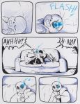  aftertale bed bone clothed clothing comic dialogue english_text grin hi_res loverofpiggies male monochrome not_furry sans_(undertale) sitting skeleton sleeping smile teeth text undead undertale video_games 