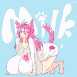  1girl all_fours animal_ears animated animated_gif bare_legs bouncing_breasts breast_press breasts brown_eyes cat_ears cat_girl cat_paws cat_tail curvy english eyes_closed feet gigantic_breasts hataraki_ari legs licking_lips long_hair milk open_mouth pink_hair shirt smile solo stretch text_focus wavy_mouth white_shirt yawning 