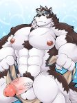 2018 abs balls body_hair brown_fur canine chest_hair clothing fur headband horkeukamui humanoid_penis loincloth male mammal muscular muscular_male nipples penis pubes scar schwarzfox tokyo_afterschool_summoners undressing vein veiny_penis white_fur wolf yellow_eyes 