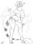  anthro beckoning bikini bikini_bottom breasts clothing dragon female greyscale horn inviting monochrome open_mouth pussy revadiehard smile solo standing swimsuit tongue tongue_out wide_hips wings 