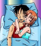  1boy 1girl black_eyes black_hair blush couple duo female hat lunami male monkey_d_luffy nami_(one_piece) one_piece orange_hair pirate short_hair smile straw_hat_pirates tattoo 