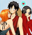  1boy 1girl black_eyes black_hair blush boa_hancock couple duo female hat lunami male monkey_d_luffy nami_(one_piece) one_piece orange_hair pirate short_hair smile straw_hat_pirates tattoo 