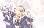  abigail_williams_(fate/grand_order) albino bangs bite_mark black_bow black_hat blonde_hair blush bow closed_eyes commentary_request dress fate/grand_order fate_(series) hair_bow hand_on_own_face hat holding_hands horn imminent_bite interlocked_fingers lavinia_whateley_(fate/grand_order) long_hair long_sleeves looking_at_another multiple_girls open_mouth orange_bow pale_skin parted_bangs pink_eyes polka_dot polka_dot_bow ribbed_dress white_hair yamazaki_kana yuri 