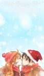  1boy 1girl black_eyes black_hair blush couple duo female hat long_hair lunami male monkey_d_luffy nami_(one_piece) one_piece orange_hair pirate short_hair smile straw_hat_pirates tattoo 