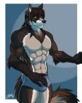  2018 5_fingers abs anthro biceps black_nose blue_background blue_eyes body_hair brown_fur brown_hair bulge canine chest_hair chest_tuft claws clothed clothing fangs feralise fur grin hair looking_at_viewer male mammal muscular muscular_male muscular_thighs pecs sabertooth_(feature) simple_background smile solo standing topless tuft underwear white_fur white_skin wolf 