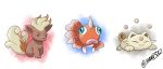  blue_eyes brown_eyes cat closed_eyes closed_mouth creature fish full_body gyopin highres hikaru382 koonya lying mikon multiple_sources no_humans on_stomach pokemon pokemon_(creature) pokemon_gsc_beta simple_background white_background 