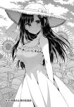  :&gt; bare_arms bare_shoulders blush bow breasts cleavage cloud comic day dress field flower flower_field from_side futaba-san_chi_no_kyoudai futaba_neiko greyscale hat highres large_breasts long_hair looking_at_viewer monochrome original outdoors ribbon sky smile solo sun_hat sundress sunflower tsukudani_norio 