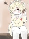  alpaca_ears alpaca_suri_(kemono_friends) alpaca_tail alternate_hairstyle animal_ears blush commentary flying_sweatdrops fur_collar fur_trim hair_brush hair_brushing hair_over_one_eye highres kemono_friends long_sleeves messy_hair neck_ribbon nenkou-san pantyhose ribbon short_hair shorts sitting squiggle tail white_hair white_legwear 