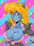  2018 abstract_background alternate_costume anthro big_breasts bishopbb blonde_hair blue_eyes blue_fur breasts cartoon_network cat cleavage clothed clothing digital_media_(artwork) feline female fur hair hand_on_hip looking_at_viewer mammal mature_female nicole_watterson nipple_slip nipples pose retro shoulder_pads smile solo standing the_amazing_world_of_gumball whiskers 