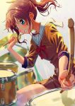  bang_dream! bangs blue_eyes blurry blurry_background blush bow bowtie brown_dress brown_hair brown_shirt brown_skirt commentary_request double-breasted dress drum drum_set drumsticks gradient gradient_background grey_background grin hanasakigawa_school_uniform holding instrument music nail_polish neck_ribbon playing_instrument pleated_skirt poligon_(046) ponytail red_nails red_neckwear ribbon sailor_collar sailor_dress school_uniform serafuku shirt sidelocks sitting skirt sleeves_rolled_up smile solo sparkle sparkle_background sweat yamabuki_saaya yellow_background 