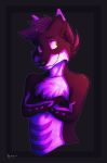  2018 anthro canine chest_tuft crossed_arms digital_media_(artwork) forru fur green_eyes hair kody_(kooder) looking_at_viewer male mammal pink_fur purple_hair redsunatdawn simple_background smile solo tuft 