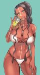  armlet bikini black_hair blue_eyes bodypaint bracelet breasts cup dark_skin disposable_cup fate/grand_order fate_(series) genderswap genderswap_(mtf) geronimo_(fate/grand_order) head_tilt highres jewelry kbtmsboy large_breasts long_hair native_american necklace pinky_out ponytail sidelocks skindentation smile solo strapless strapless_bikini sweat swimsuit white_bikini 