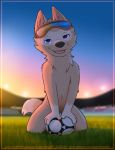  anthro athletic ball blue_eyes canine eyewear fangs fifa fur goggles half-closed_eyes kneeling letodoesart looking_at_viewer male mammal mascot nude open_mouth sharp_teeth soccer_ball solo tan_fur teeth wolf zabivaka 