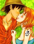  1boy 1girl black_eyes black_hair blush couple duo female hat lunami male monkey_d_luffy nami_(one_piece) one_piece orange_hair pirate short_hair smile straw_hat_pirates tattoo 