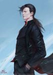  black_coat black_hair cowboy_shot from_side fullmetal_alchemist greed hands_in_pockets in-hyuk_lee ling_yao male_focus medium_hair ponytail signature solo watermark web_address 