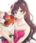  bangs bare_arms blue_eyes blurry bouquet bracelet breasts brown_hair cleavage depth_of_field dress earrings eyebrows_visible_through_hair flower frilled_dress frills hair_flower hair_ornament heart heart_print highres holding holding_bouquet ichinose_shiki idolmaster idolmaster_cinderella_girls jewelry leaning_to_the_side long_hair looking_at_viewer medium_breasts necklace orange_flower orange_rose parted_lips polka_dot polka_dot_dress red_dress red_flower red_rose rose simple_background solo strapless strapless_dress tomato_omurice_melon upper_body very_long_hair white_background 