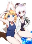  animal_ear_fluff animal_ears armpits bangs black_swimsuit blue_eyes blue_swimsuit blush breasts cat_ears cleavage collar commentary competition_swimsuit drinking drinking_straw eyebrows_visible_through_hair fox_ears from_above hair_ornament hairclip jacket jacket_over_swimsuit kemomimi_oukoku_kokuei_housou large_breasts looking_up mikoko_(kemomimi_oukoku_kokuei_housou) monster_energy multiple_girls nora_cat nora_cat_channel one-piece_swimsuit ponytail poolside red_eyes robot_ears school_swimsuit shichisei_nanakusa sideboob silver_hair swimsuit thighs virtual_youtuber water white_jacket 