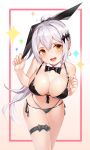  animal_ears arm_up armpits bangs bare_shoulders bikini bikini_tug black_bikini blush bow bowtie breasts brown_eyes btraphen bunny_ears cleavage commentary cowboy_shot crossed_legs detached_collar drink eyebrows_visible_through_hair eyewear_on_head five-seven_(girls_frontline) food front-tie_bikini front-tie_top fruit girls_frontline hair_ornament hair_ribbon highres jewelry large_breasts leaning_forward long_hair looking_at_viewer multi-strapped_bikini navel one_eye_closed open_mouth orange orange_slice ponytail ribbon side-tie_bikini sidelocks silver_hair skindentation smile solo swimsuit thigh_ribbon very_long_hair watson_cross 