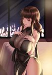  ahoge alternate_costume armlet bangs bare_shoulders bed black_dress blunt_bangs blush breasts brown_hair casual choker city_lights cityscape cleavage cloel closed_mouth commentary_request copyright_name dress dress_tug dsr-50_(girls_frontline) eyebrows_visible_through_hair eyes_visible_through_hair frown girls_frontline hair_ornament hair_over_shoulder hands_on_own_breasts head_tilt highres indoors jewelry large_breasts long_hair looking_at_viewer necklace night no_bra pendant red_eyes ring ruby_(stone) side_slit sideboob sidelocks sky sleeveless sleeveless_dress smile solo star_(sky) starry_sky sweat thighs window 