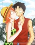  1boy 1girl black_eyes black_hair blush couple duo female hat lunami male monkey_d_luffy nami_(one_piece) one_piece orange_hair pirate short_hair smile straw_hat_pirates tattoo 