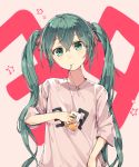  39 absurdres drinking_straw eyebrows_visible_through_hair green_eyes green_hair grey_shirt hair_between_eyes hair_ribbon hatsune_miku head_tilt highres holding long_hair mouth_hold pink_background red_ribbon ribbon shirt solo tine_(pixiv27588527) twintails upper_body very_long_hair vocaloid 