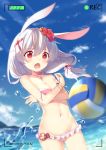  absurdres animal_ears benghuai_xueyuan bikini breasts bunny_ears choker cleavage cloud commentary covering covering_breasts day flower fufumi hair_flower hair_ornament hairclip highres honkai_impact long_hair lowleg lowleg_bikini navel ocean open_mouth outdoors pink_bikini pink_swimsuit ponytail red_eyes silver_hair sky small_breasts solo swimsuit theresa_apocalypse untied untied_bikini water 