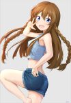  :d artist_name ass bangs bare_arms barefoot basa_rutan blue_eyes braid breasts brown_hair crop_top denim denim_shorts eyebrows_visible_through_hair feet_out_of_frame from_side grey_background highres idolmaster idolmaster_million_live! kousaka_umi leg_up long_hair looking_at_viewer looking_to_the_side medium_breasts midriff open_mouth shirt shorts simple_background sleeveless sleeveless_shirt smile solo standing standing_on_one_leg twin_braids w 