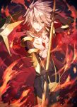  armor bare_chest black_bodysuit bodysuit cape collar commentary_request eyebrows_visible_through_hair fate/apocrypha fate/grand_order fate_(series) fire gloves hair_between_eyes highres holding holding_spear holding_weapon jewelry k-me karna_(fate) looking_at_viewer male_focus open_mouth polearm purple_eyes red_cape solo spear spiked_collar spiked_hair spikes vasavi_shakti weapon white_hair 