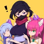  animal_ears ayame_(gundam_build_divers) bangs black_hair blush breast_envy breast_poke breasts cat_ears cat_tail commentary_request dress elbow_gloves face_mask gamuo gloves green_eyes gundam gundam_build_divers hair_intakes japanese_clothes large_breasts light_blue_hair long_hair mask momo_(gundam_build_divers) multiple_girls ninja ninja_mask pink_hair poking ponytail purple_eyes sara_(gundam_build_divers) scarf sleeveless sleeveless_dress tail white_dress yashiro_momoka 