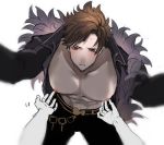  abs belial_(granblue_fantasy) belt bent_over black_pants black_shirt brown_hair commentary feather_boa granblue_fantasy looking_at_viewer male_focus neko_miya nipple_tweak nipples open_clothes open_shirt pants parted_lips pectorals pov red_eyes shirt simple_background sweat white_background 