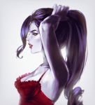  absurdres adjusting_hair arm_up armpits breasts bustier cleavage commentary hand_in_hair high_ponytail highres lingerie looking_to_the_side nvalkyrja overwatch ponytail profile purple_skin red_lips tying_hair underwear widowmaker_(overwatch) yellow_eyes 